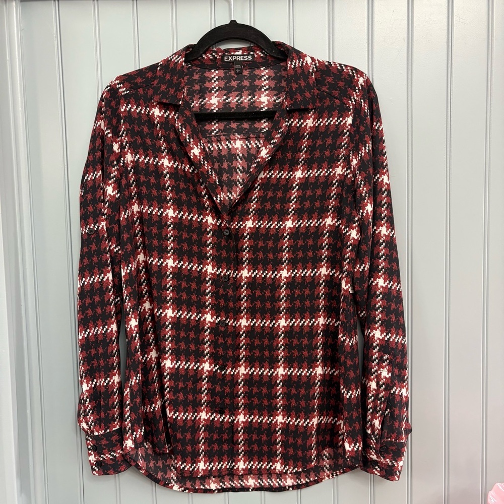 Express Women's Red White Black Plaid Top Size Small
